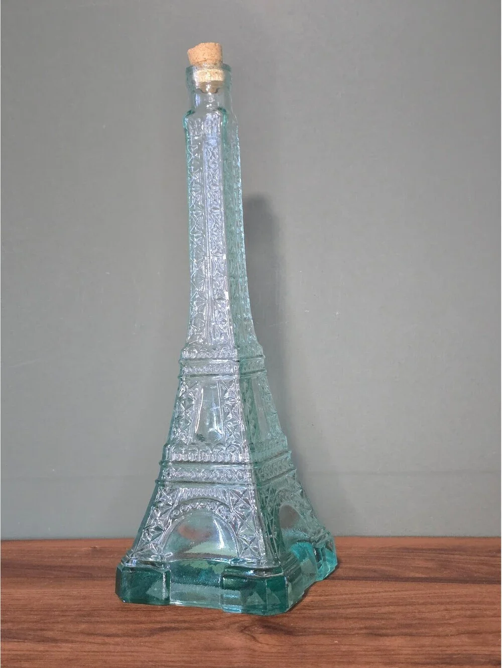 Vintage World Market Eiffel Tower Aqua Blue Glass Bottle Decanter